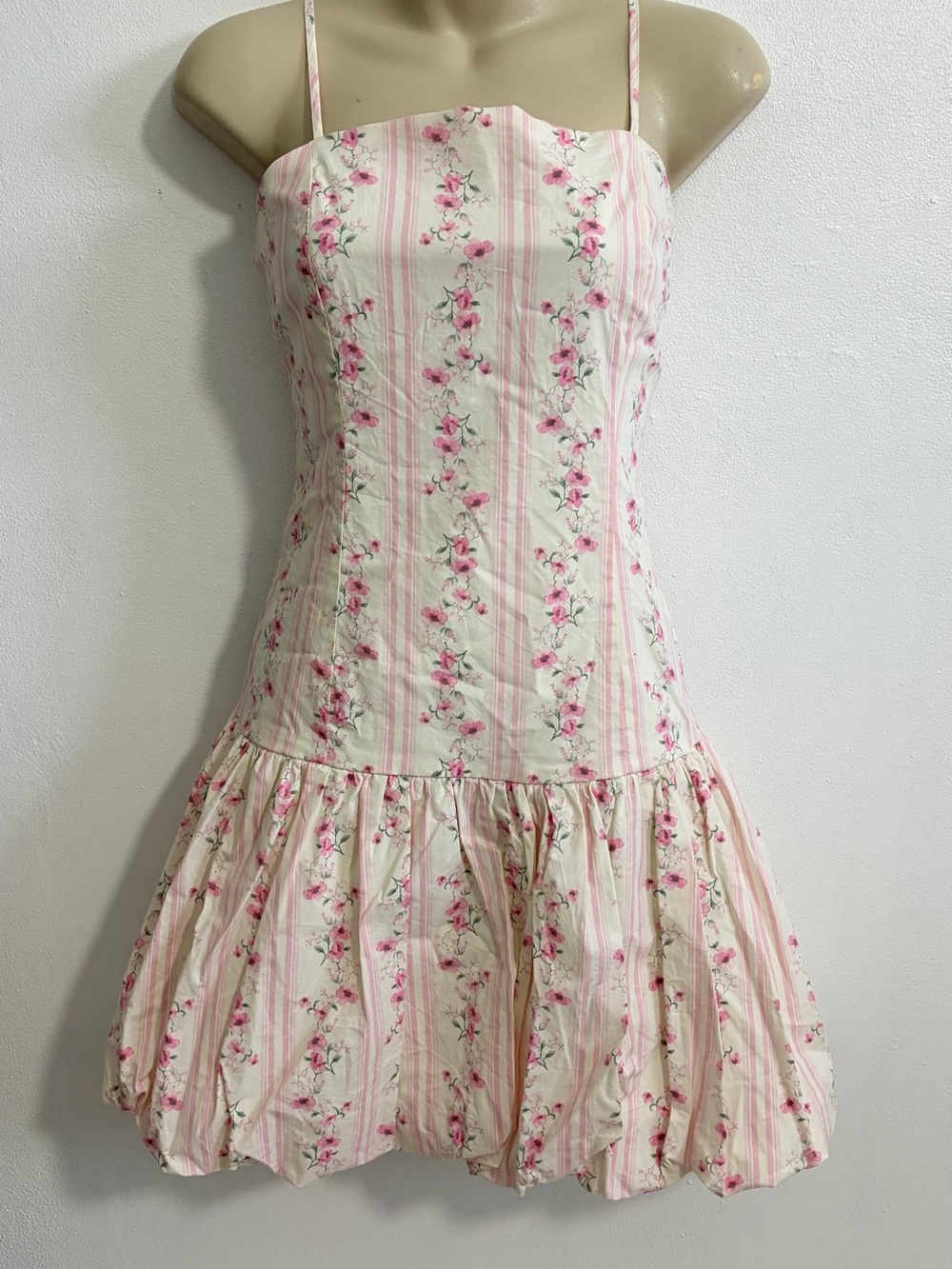 Thirty Thirty Pink Floral Striped Bubble Hem Mini Dress Cottagecore